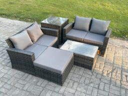 Fimous Wicker Rattan Garden Furniture Sofa Set with Rectangular Coffee Table Double Seat Sofa Big Footstool Side Table 5 Seater in Dark Grey - thumbnail 2