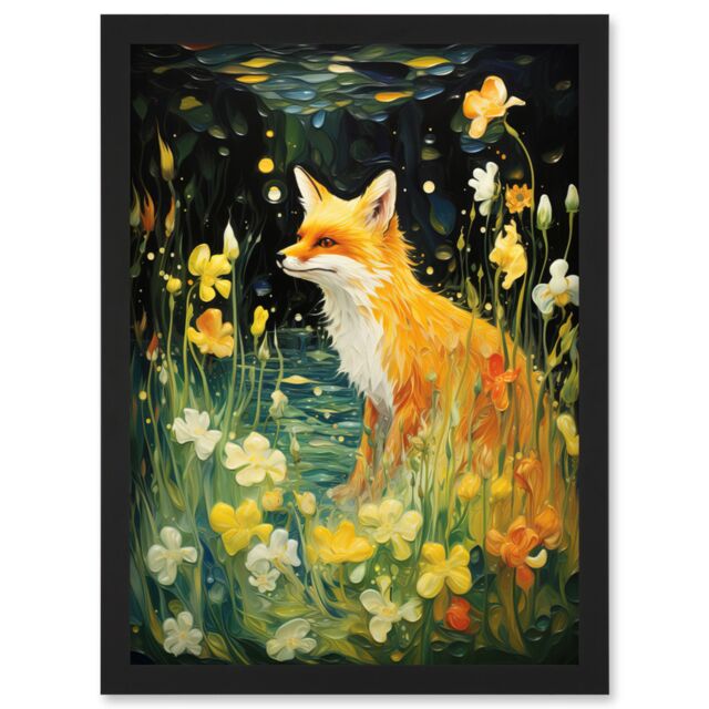 Artery8 Wall Art Print Fox Dream Floral Yellow Oil Painting Orange White Dreamscape of Lily Flowers in Spring Artwork Framed A4 in Black - image 1