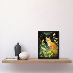 Artery8 Wall Art Print Fox Dream Floral Yellow Oil Painting Orange White Dreamscape of Lily Flowers in Spring Artwork Framed A4 in Black - thumbnail 2