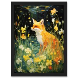 Artery8 Wall Art Print Fox Dream Floral Yellow Oil Painting Orange White Dreamscape of Lily Flowers in Spring Artwork Framed A4 in Black - thumbnail 1