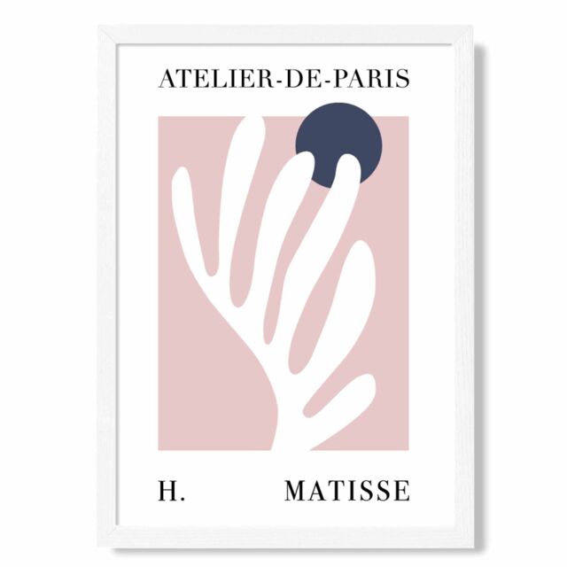 ARTZE Matisse Floral Cutout Pink & Blue Exhibition Framed Print SIZE: A4 with White Frame in Navy - image 1