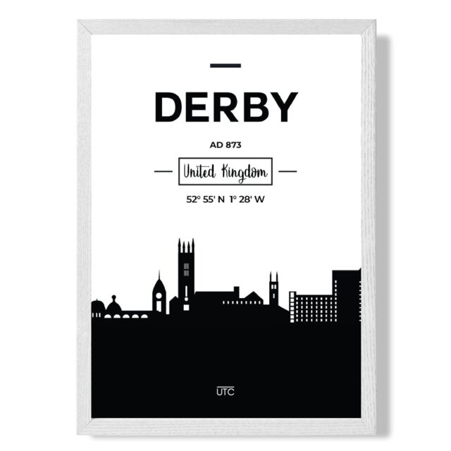 ARTZE Derby Black & White City Skyline Framed Print SIZE: A2 with White Frame - Size: A4 - image 1