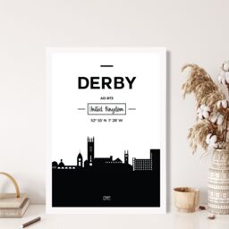 ARTZE Derby Black & White City Skyline Framed Print SIZE: A2 with White Frame - Size: A4 - thumbnail 2