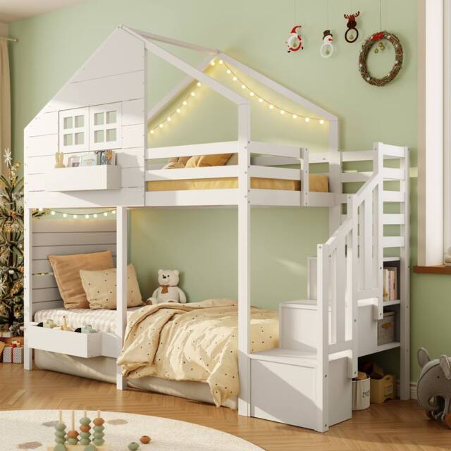 BTM Children bunk bed with storage stairs & safety guard loft design in White - Size: Single - image 1