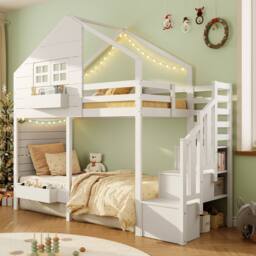 BTM Children bunk bed with storage stairs & safety guard loft design in White - Size: Single