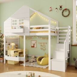 BTM Children bunk bed with storage stairs & safety guard loft design in White - Size: Single - thumbnail 2