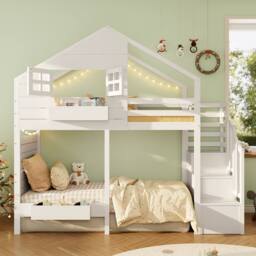 BTM Children bunk bed with storage stairs & safety guard loft design in White - Size: Single - thumbnail 3
