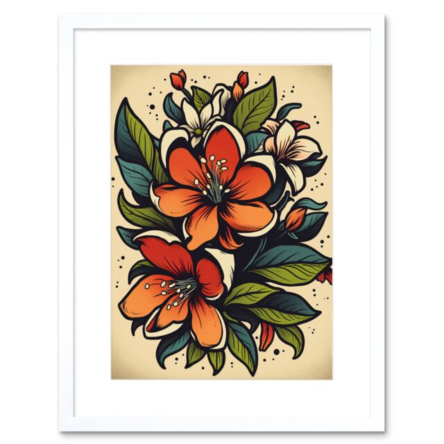 "Artery8 Wall Art Print Red Jasmine Flower Old School USA Tattoo Ink Body Rockabilly Americana 50s Artwork Framed 9X7 Inch in White - Size: W7"" x H9""" - image 1