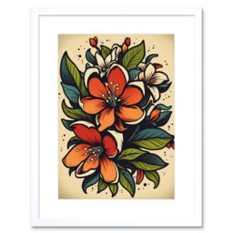 "Artery8 Wall Art Print Red Jasmine Flower Old School USA Tattoo Ink Body Rockabilly Americana 50s Artwork Framed 9X7 Inch in White - Size: W7"" x H9""" - thumbnail 1