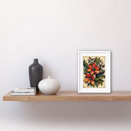 "Artery8 Wall Art Print Red Jasmine Flower Old School USA Tattoo Ink Body Rockabilly Americana 50s Artwork Framed 9X7 Inch in White - Size: W7"" x H9""" - thumbnail 2
