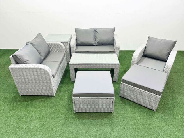 Fimous High Back Poly Rattan Garden Furniture Set w/ Reclining Chair Loveseat Sofa Oblong Coffee Table Indoor Outdoor Patio Set 2 Big Stool Side - image 1
