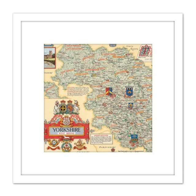Artery8 Map Clegg 1946 West Riding Yorkshire Pictorial 8X8 Inch Square Wooden Framed Wall Art Print Picture with Mount in White - image 1