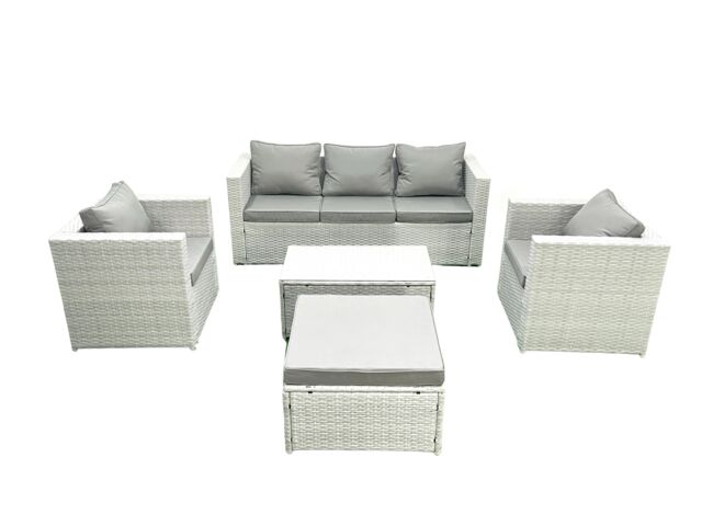 Fimous Rattan Garden Furniture Set with 3 Seater Sofa 2 Chair Rectangular Coffee Table Big Footstool Light Grey Mixed 6 Seater - image 1