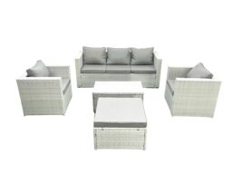 Fimous Rattan Garden Furniture Set with 3 Seater Sofa 2 Chair Rectangular Coffee Table Big Footstool Light Grey Mixed 6 Seater - thumbnail 1