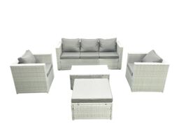 Fimous Rattan Garden Furniture Set with 3 Seater Sofa 2 Chair Rectangular Coffee Table Big Footstool Light Grey Mixed 6 Seater - thumbnail 2