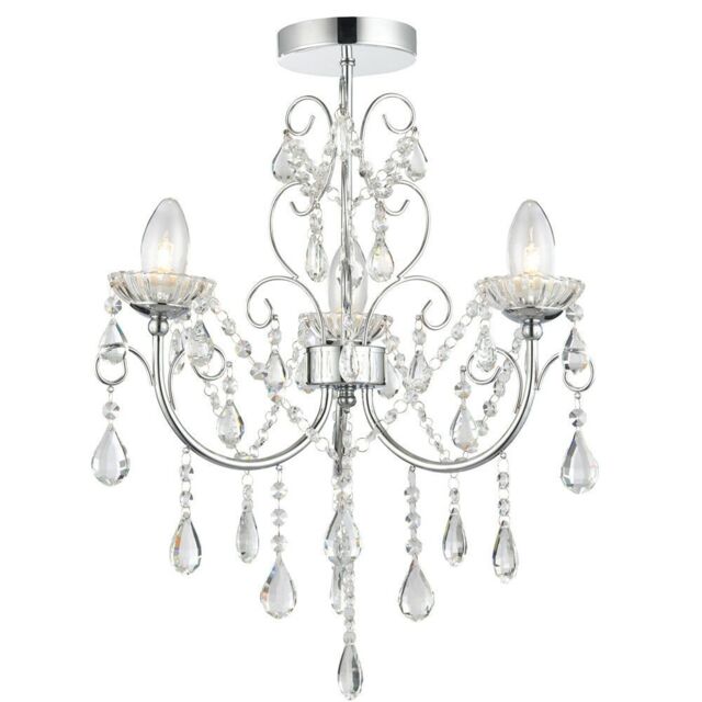 Loops Flush Bathroom Ceiling Light IP44 Chrome & Crystal 3 Lamp Bulb Hanging Pendant - image 1