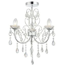 Loops Flush Bathroom Ceiling Light IP44 Chrome & Crystal 3 Lamp Bulb Hanging Pendant - thumbnail 1