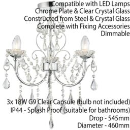 Loops Flush Bathroom Ceiling Light IP44 Chrome & Crystal 3 Lamp Bulb Hanging Pendant - thumbnail 2