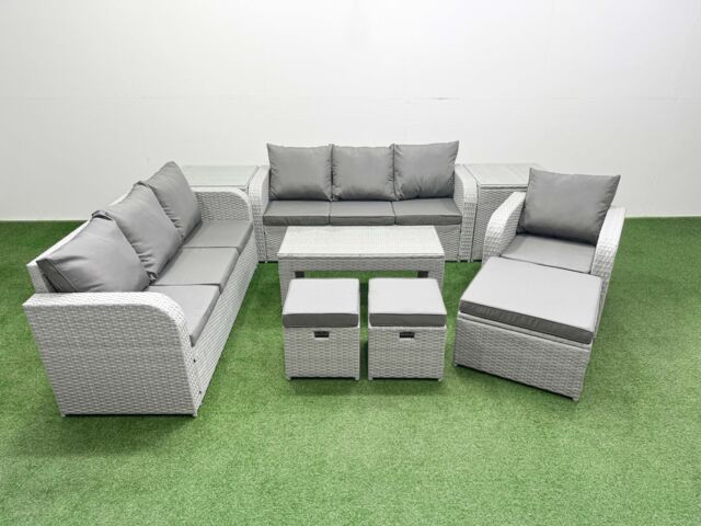 Fimous 10 Seater Poly Rattan Outdoor Garden Furniture Oblong Coffee Table Sofa Set Patio 3 Seater Sofa Reclining Chair 3 Seater Sofa 3 Stools 2 Side - image 1
