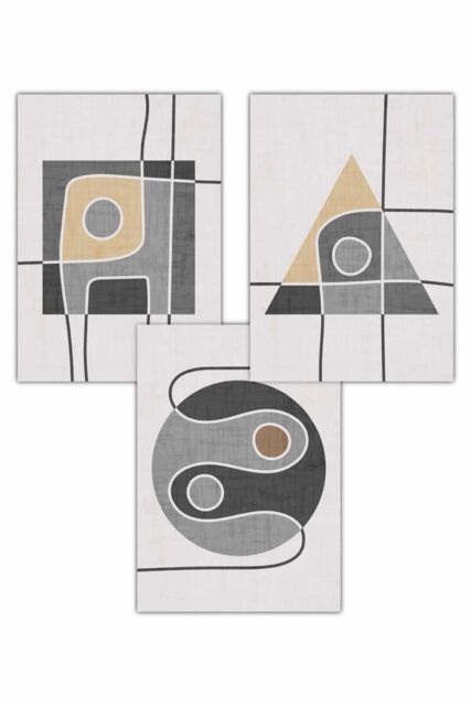 ARTZE Set of 3 Mid Century Graphical Shapes in Grey & Yellow Art Posters - Size: W50 cm x H70 cm - image 1