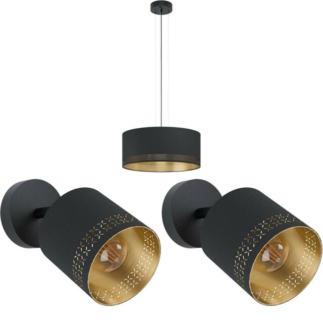 Loops Ceiling Pendant Light & 2x Matching Wall Lights Black & Gold Round Fabric Shade - image 1