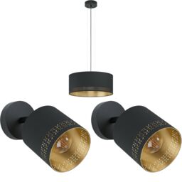 Loops Ceiling Pendant Light & 2x Matching Wall Lights Black & Gold Round Fabric Shade