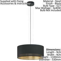 Loops Ceiling Pendant Light & 2x Matching Wall Lights Black & Gold Round Fabric Shade - thumbnail 2