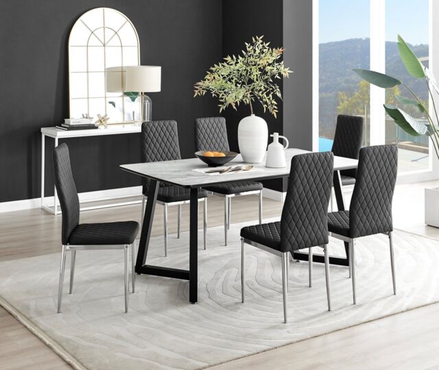 FurnitureboxUK Carson White Marble Effect Dining Table & 6 Milan Chrome Leg Chairs in Black - image 1