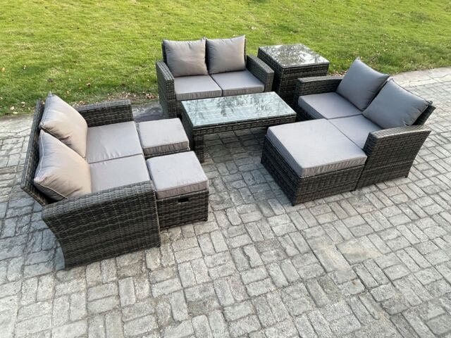 Fimous Outdoor U Shape Sofa Set Wicker Rattan Garden Furniture Set with Coffee Table Double Seat Sofa 3 Footstools in Dark Grey - image 1