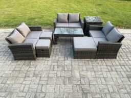 Fimous Outdoor U Shape Sofa Set Wicker Rattan Garden Furniture Set with Coffee Table Double Seat Sofa 3 Footstools in Dark Grey - thumbnail 2