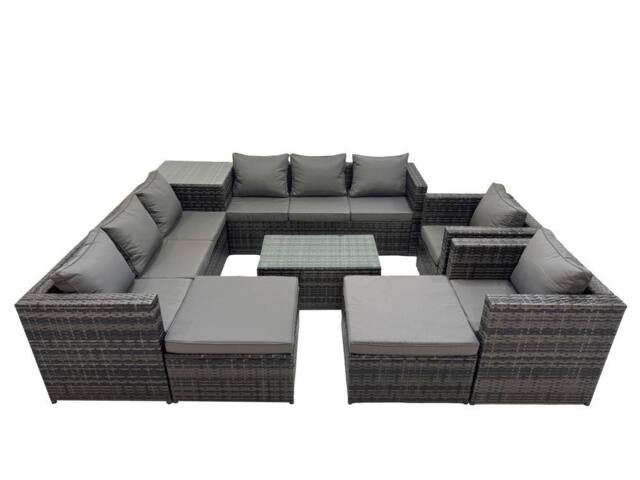 Fimous 10 Seater Garden Outdoor Rattan Furniture Set & 2 Big Stools in Dark Grey