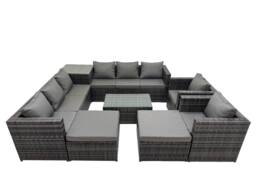 Fimous 10 Seater Garden Outdoor Rattan Furniture Set & 2 Big Stools in Dark Grey - thumbnail 1