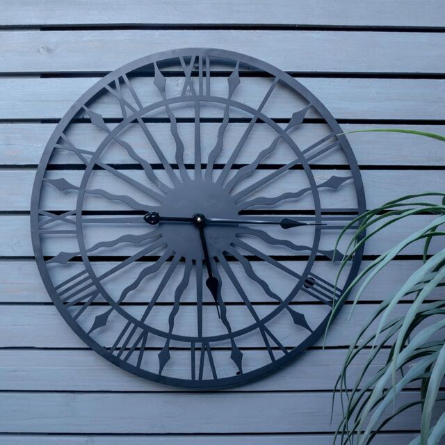 "mysmartbuy Black Open Face 24"" Sun Design Indoor or Outdoor Clock - Battery Powered Weather Resistant Metal Wall Fence Clock - 60cm Diameter" - image 1