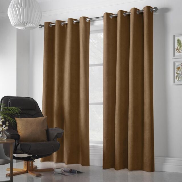 Luxury Living Velvet Chenille Eyelet Curtains Ready Made Pair in Tan - Size: 142 cm width x 137 cm drop - image 1