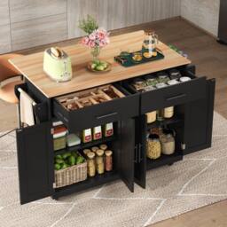 BTM Kitchen Island on Wheels Drop Leaf Trolley Serving Cart Folding Table in Black - thumbnail 3
