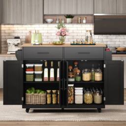 BTM Kitchen Island on Wheels Drop Leaf Trolley Serving Cart Folding Table in Black - thumbnail 9