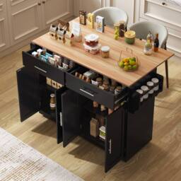 BTM Kitchen Island on Wheels Drop Leaf Trolley Serving Cart Folding Table in Black - thumbnail 2