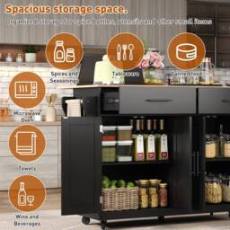 BTM Kitchen Island on Wheels Drop Leaf Trolley Serving Cart Folding Table in Black - thumbnail 4