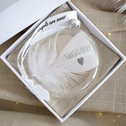 Amaya Rose Ltd In Memory of Husband Feather Round Bauble Gift Boxed. Memorial Décor in Clear - thumbnail 4