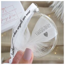 Amaya Rose Ltd In Memory of Husband Feather Round Bauble Gift Boxed. Memorial Décor in Clear - thumbnail 2
