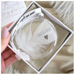 Amaya Rose Ltd In Memory of Husband Feather Round Bauble Gift Boxed. Memorial Décor in Clear - thumbnail 1