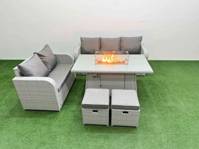 Fimous 7 Seater PE Rattan Wicker Garden Furniture Patio Conservatory Sofa Set with Firepit Dining Table 3 Seater Sofa Love Sofa 2 Stools in Light Grey - image 1
