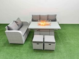 Fimous 7 Seater PE Rattan Wicker Garden Furniture Patio Conservatory Sofa Set with Firepit Dining Table 3 Seater Sofa Love Sofa 2 Stools in Light Grey - thumbnail 2