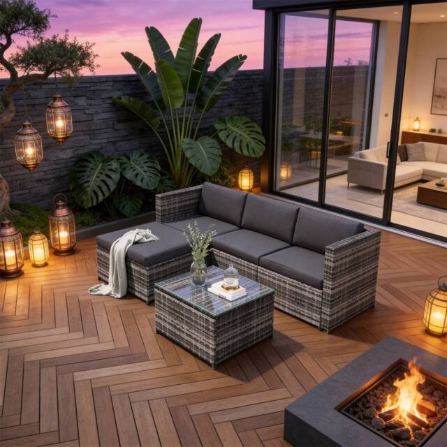 FENCHILIN Garden Corner Sofa Set Rattan Patio L-Shaped Sofa & Table Lounge Set in Grey - image 1