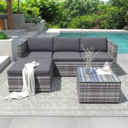 FENCHILIN Garden Corner Sofa Set Rattan Patio L-Shaped Sofa & Table Lounge Set in Grey - thumbnail 2