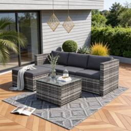 FENCHILIN Garden Corner Sofa Set Rattan Patio L-Shaped Sofa & Table Lounge Set in Grey - thumbnail 8