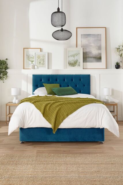 Aspire Olivier Divan & Hybrid Memory Pocket Mattress, Plush Fabric, Strutted Headboard, No Drawers in Navy - Size: King - image 1