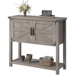 KORVIXA Grey Modern Farmhouse Console Table with 2 Doors Cabinet - Size: 100 cm x 100 cm