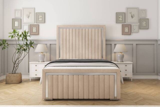 "Sloomy Boston Chrome Naples Bed Frame With 50"" Upholstered Headboard in Light Sand - Size: Small Double" - image 1
