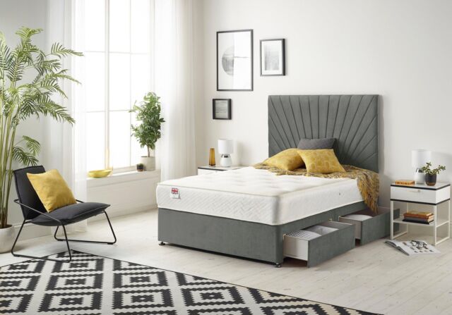 Somnior Platinum Sprung Memory Foam 2 Drawer Divan Bed with Upholstered Headboard Linen Fabric in Dark Grey - Size: Small Double - image 1